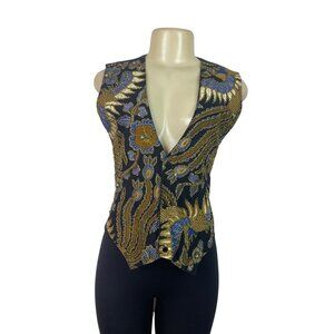 Vintage Batik Print Tie-Back Vest Top Womens  Black Gold Blue Size S
